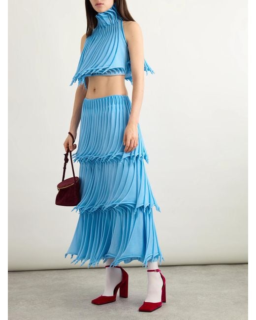 Alaïa Blue Tiered Pleated Knitted Midi Skirt