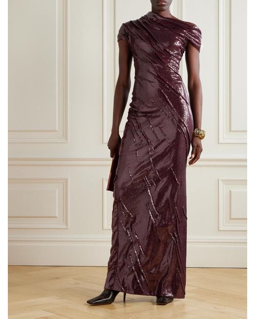 Marmar Halim Purple One-Shoulder Ruched Sequined Crepe Gown