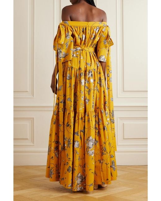Erdem Yellow Off-The-Shoulder Bow-Detailed Floral-Print Cotton-Faille Gown