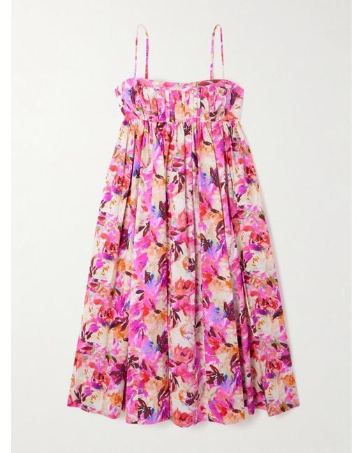 Ulla Johnson Pink Lucille Midikleid Aus Baumwollpopeline Mit Blumenprint Und Plissee