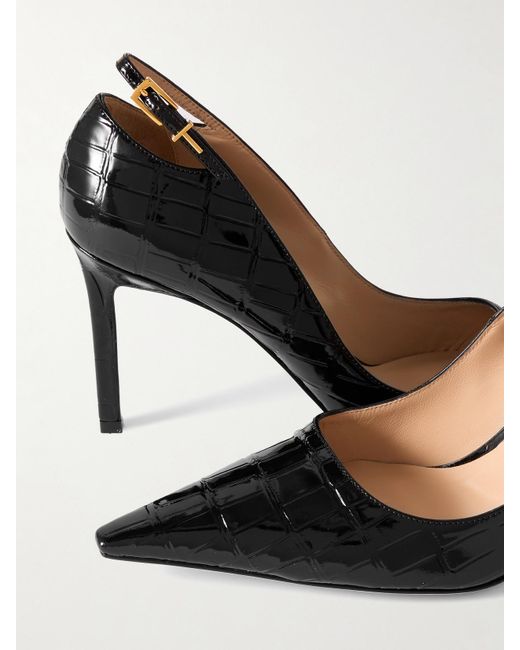 Tom Ford Black Angelina Croc-Effect Leather Point-Toe Pumps