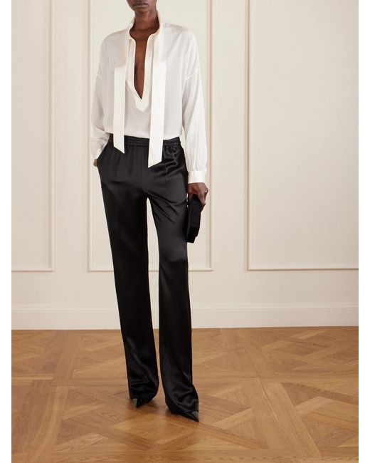 Tom Ford Natural Pussy-Bow Satin-Trimmed Silk Crepe De Chine Blouse