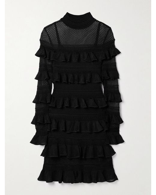 Zimmermann Black Crush Paneled Ruffled Ribbed-Knit And Crochet Mini Dress