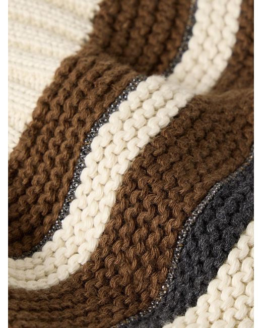 Brunello Cucinelli Natural Bead-Embellished Striped Cotton Beret