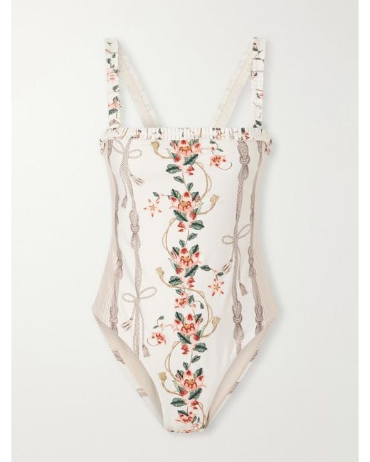 Agua Bendita White Limón Navegante Floral-Embroidered Recycled-Blend Swimsuit