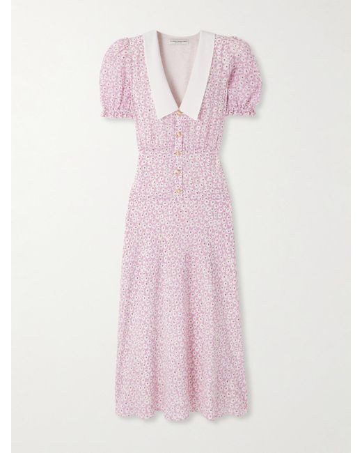 Alessandra Rich Pink Crepe-Trimmed Gathered Floral-Print Silk Midi Dress