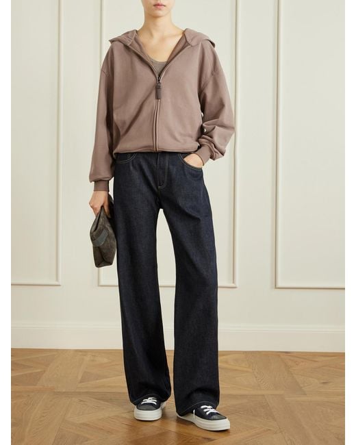 Brunello Cucinelli Brown Bead-Embellished Cotton-Jersey Zip-Up Hoodie