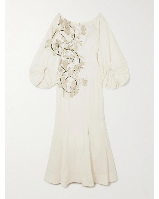 Agua Bendita White Peccana Off-The-Shoulder Appliquéd Linen Maxi Dress