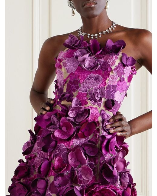Oscar de la Renta Purple Strapless Floral-Appliquéd Mesh Mini Dress