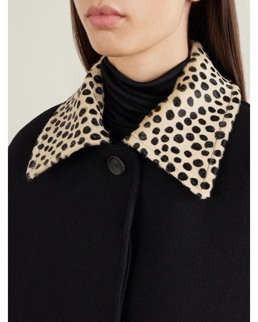 Rohe Black Cheetah Leopard-Print Calf Hair-Trimmed Virgin Wool Twill Coat
