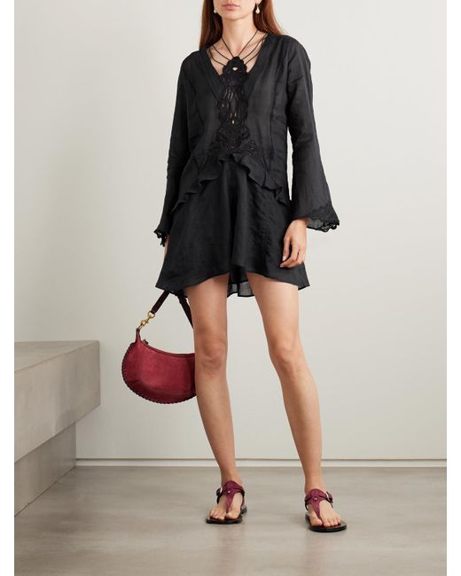 ★関税込★ ISABEL MARANT レーストリム ラミー ミニドレス Isabel Marant Liya Lace-Trimmed Embroidered Ramie Mini Dress