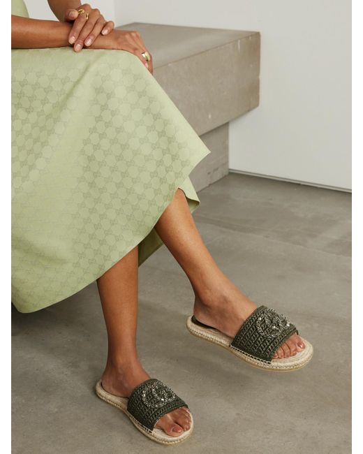 Gucci Green Cora Crystal-Embellished Raffia Espadrille Slides