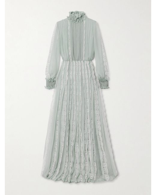 Valentino Garavani Blue Ruffled Lace-Trimmed Pleated Silk-Chiffon Gown
