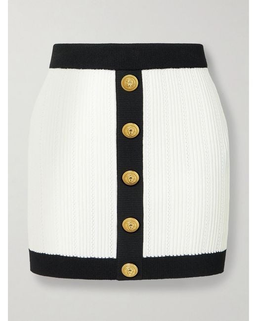 Balmain Black Button-Embellished Two-Tone Ribbed-Knit Mini Skirt