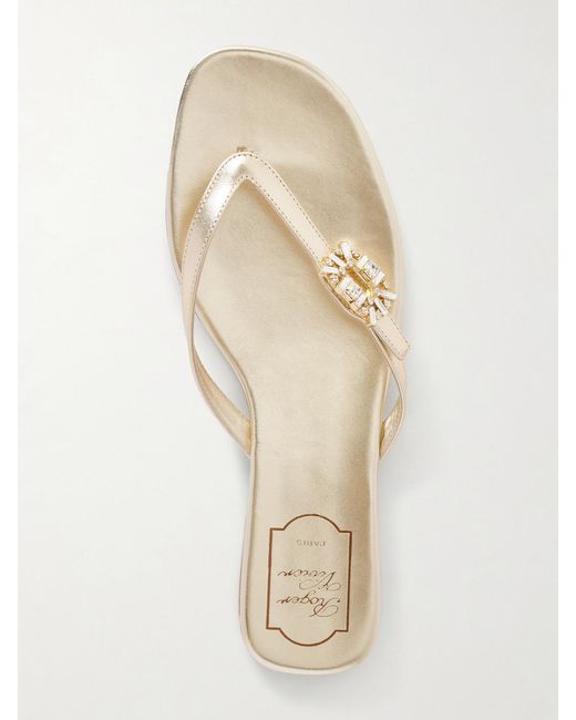 Roger Vivier Natural Strass B Crystal-Embellished Metallic Leather Sandals