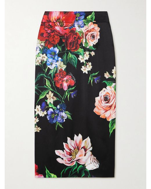 Dolce & Gabbana Black Floral-Print Satin Midi Skirt