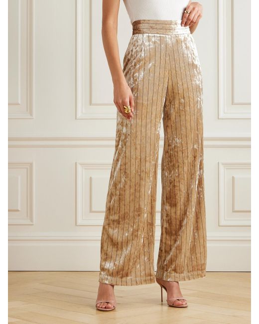 Loretta Caponi Natural Cipro Pinstriped Crushed-Velvet Wide-Leg Pants
