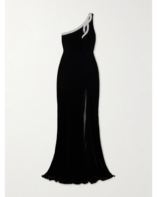 Saloni Black Justine One-Shoulder Embellished Velvet Gown