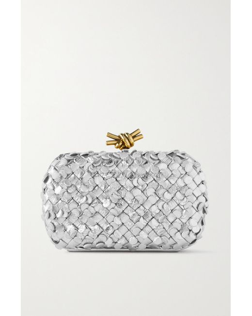 Bottega Veneta Gray Knot Intrecciato Metallic Leather Clutch