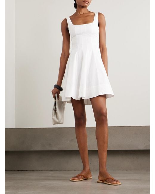 Staud White Wells Pleated Cotton-Blend Poplin Mini Dress