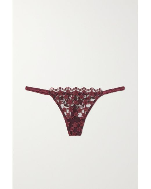 Coco De Mer Stella Satin-trimmed Metallic Embroidered Tulle Thong in ...