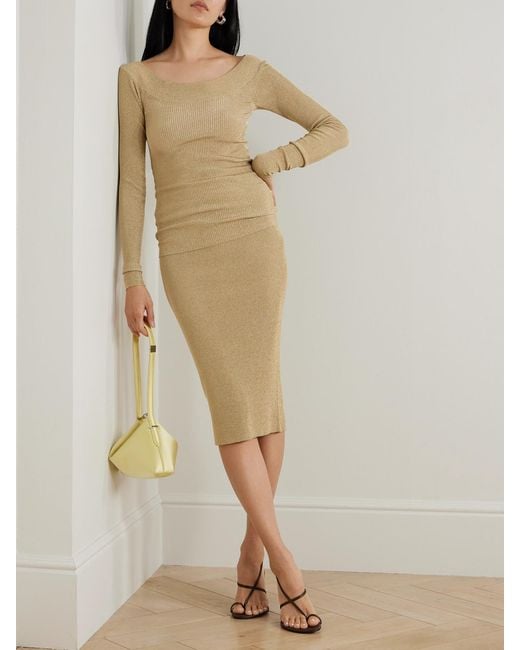 Stella McCartney Natural Metallic Ribbed-Knit Midi Skirt