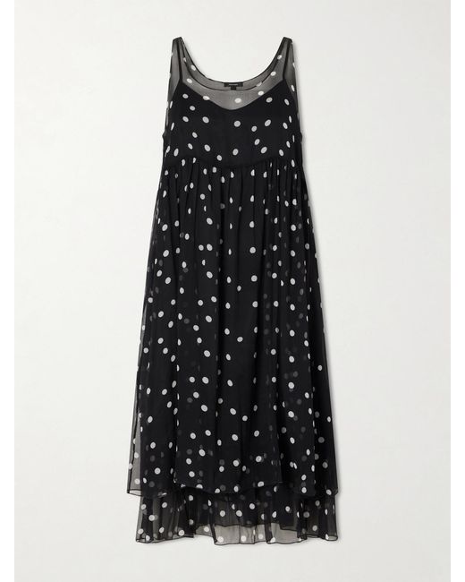 R13 Black Gathered Polka-Dot Silk Midi Dress