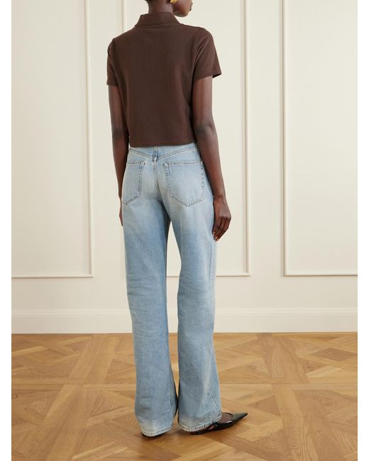 Saint Laurent Brown Cassandre-Embroidered Cropped Cotton-Piqué Polo Shirt