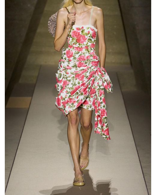 Chloé White Bow-Detailed Ruched Floral-Print Cotton-Poplin Mini Skirt