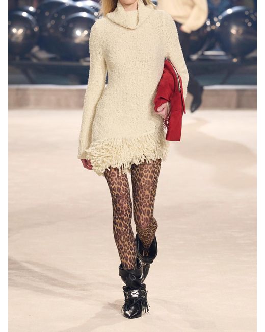 Isabel Marant Natural Fringed Wool-Blend Bouclé Turtleneck Midi Dress