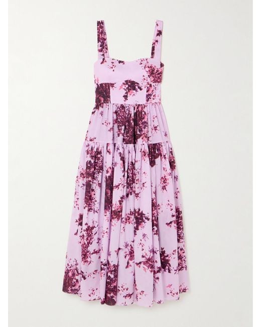 Erdem Pink Tiered Floral-Print Cotton Midi Dress