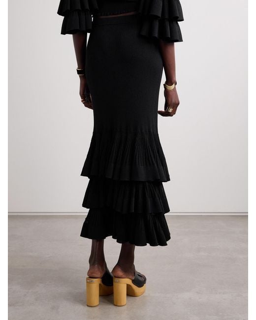 Zimmermann Black Story 1 Tiered Ruffled Ribbed-Knit Maxi Skirt