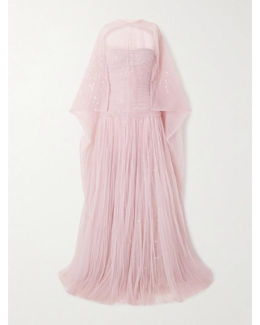 Marmar Halim Pink Cape-Effect Sequined Plissé-Chiffon Gown