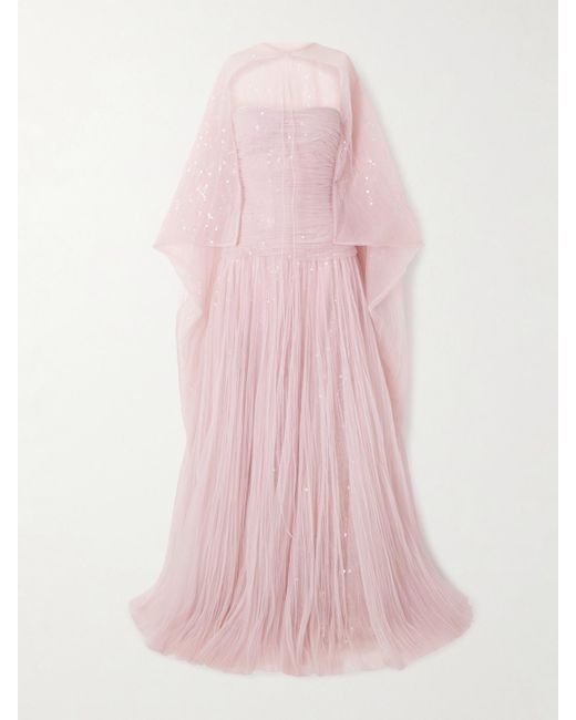 Marmar Halim Pink Robe Aus Plissiertem Chiffon Mit Cape-Effekt Und Pailletten