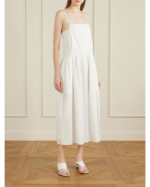 Khaite White Adira Pleated Cotton-Poplin Midi Dress