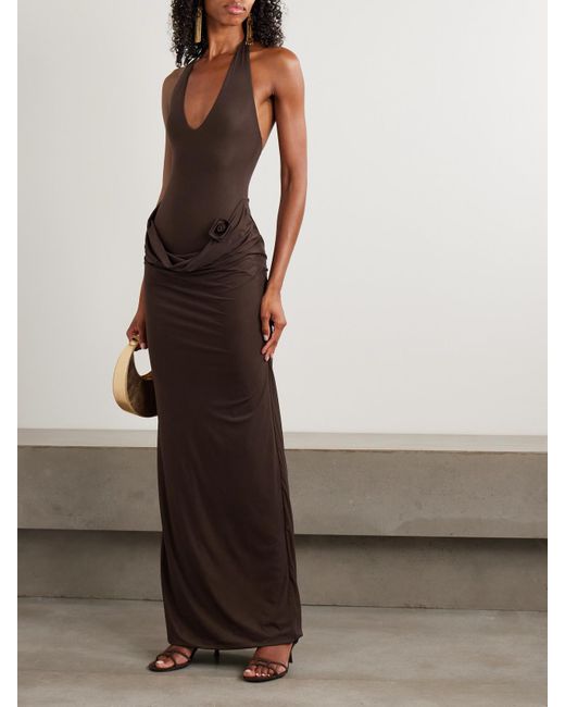 Maygel Coronel Conto Appliqud Draped Stretch-Jersey Maxi Dress in Brown | Lyst Maygel Coronel Conto Appliqud Draped Stretch-Jersey Maxi Dress in Brown | Lyst