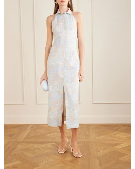 BERNADETTE White Cici Jasmin Floral-Print Linen Halterneck Midi Dress