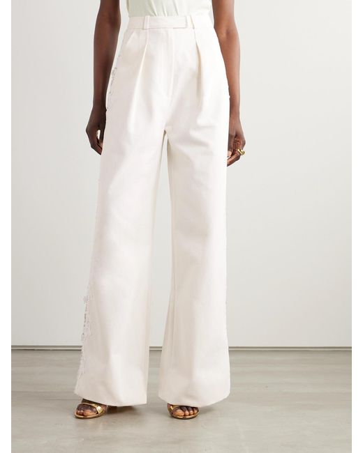 Safiyaa White Fredan Guipure Lace-Trimmed Cotton-Twill Wide-Leg Pants