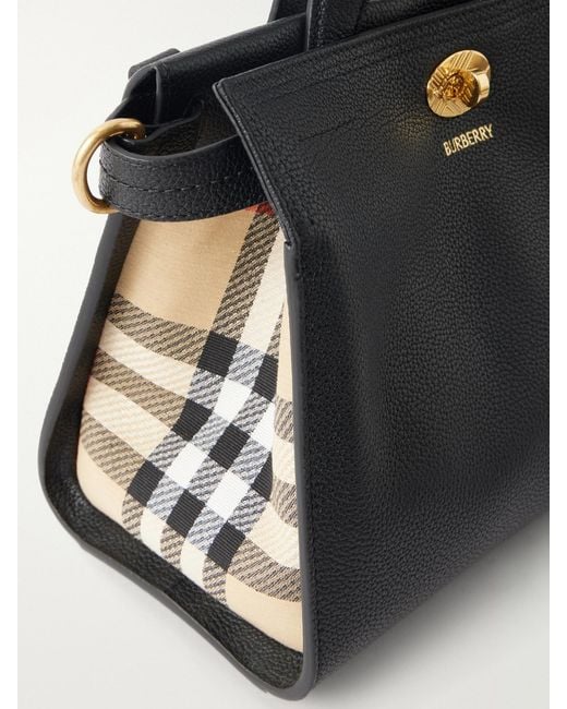 Burberry Black Cotswolds Mini Checked Canvas-Trimmed Leather Tote