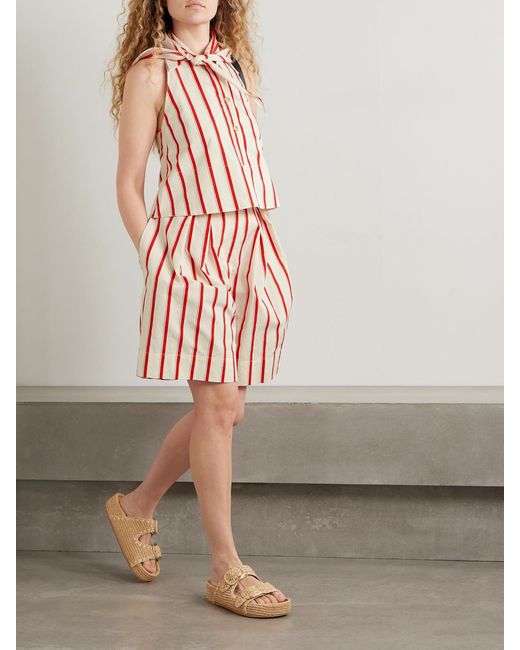 Rosie Assoulin Red Kerchief Striped Herringbone Cotton-Blend Halterneck Top