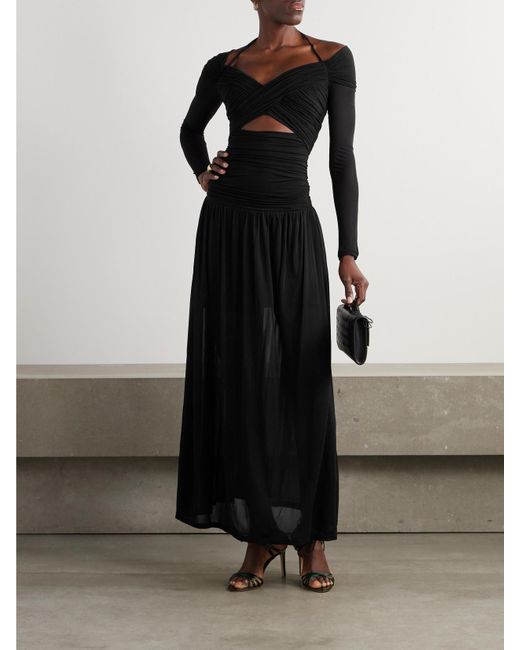 Zimmermann Black Illuminate Cold-Shoulder Cutout Pleated Chiffon Halterneck Maxi Dress