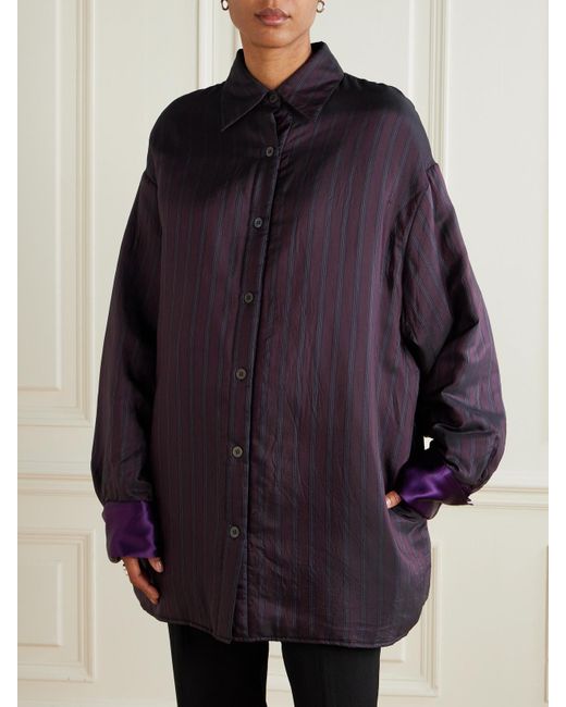 Dries Van Noten Purple Wattiertes Oversized-Hemd Aus Gestreiftem, Glänzendem Twill