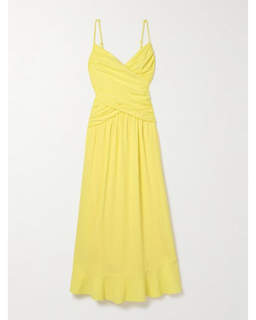 Farm Rio Yellow Ruched Linen-Blend Maxi Dress