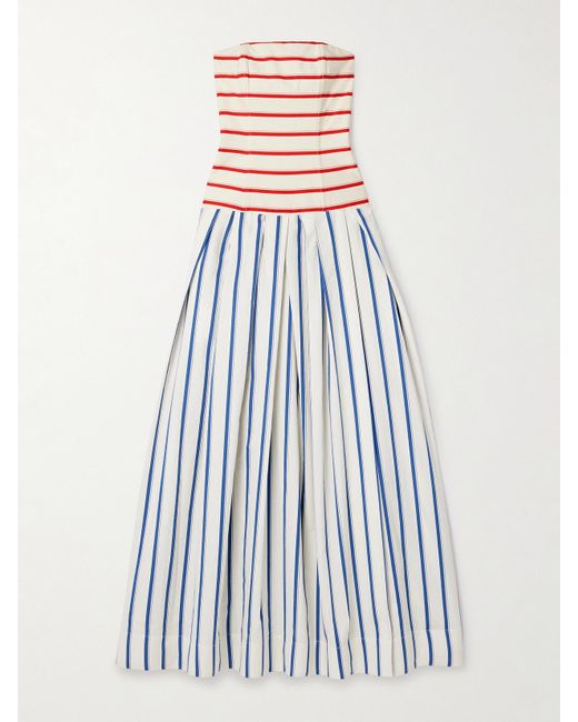 Rosie Assoulin Blue Strapless Pleated Striped Herringbone Cotton-Blend Maxi Dress