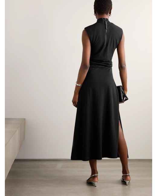 Brunello Cucinelli Black Draped Stretch-Wool Midi Dress