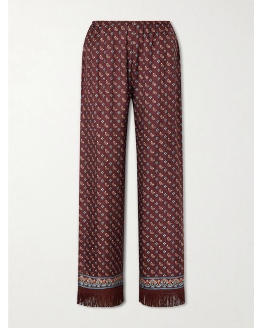 Doen Red Lavon Fringed Printed Silk-Blend Satin Wide-Leg Pants