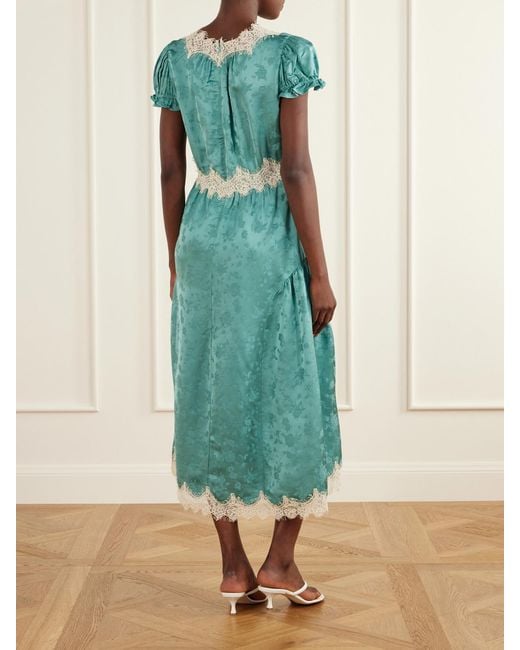Sea Blue Shay Gathered Lace-Trimmed Floral-Jacquard Midi Dress