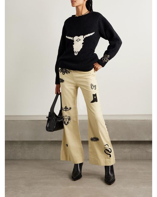 Alix Of Bohemia Natural Charlie Rye Embroidered Silk Flared Pants