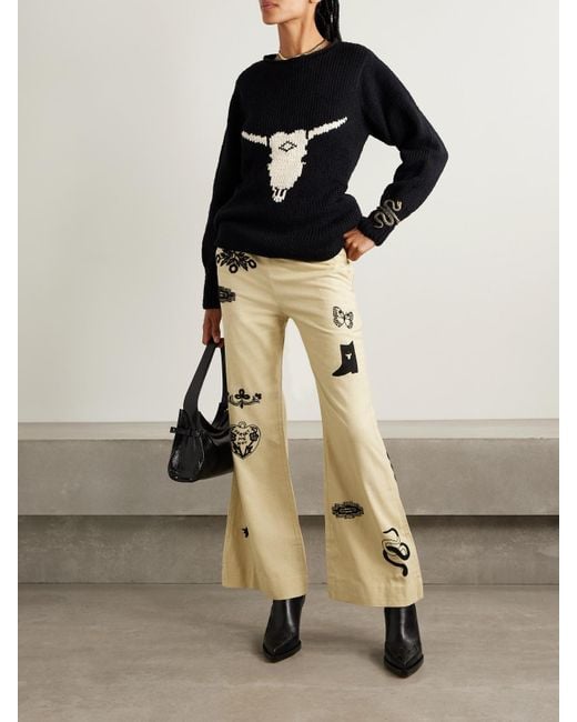 Alix Of Bohemia Natural Charlie Rye Embroidered Silk Flared Pants