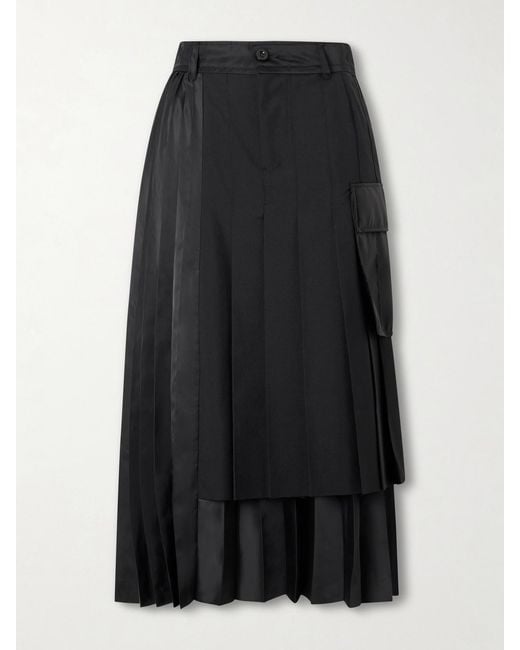 Sacai Black Pleated Twill And Shell Midi Skirt